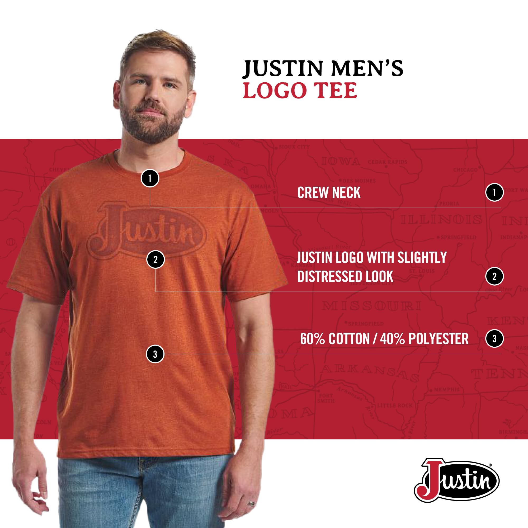 Justin Logo Tee for Men - Comfortable Western Style T-Shirt, Soft Cotton-Polyester Blend, Tagless Neck, Everyday Wear - Image 4