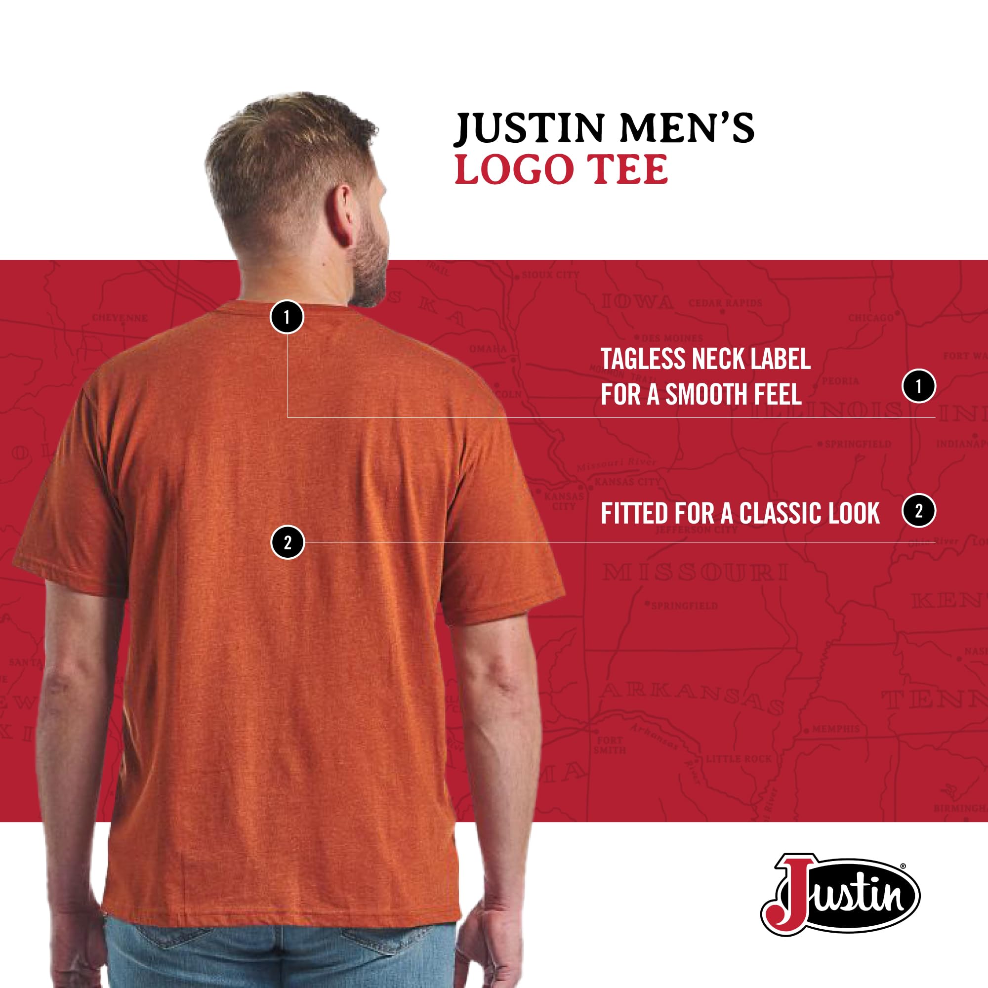 Justin Logo Tee for Men - Comfortable Western Style T-Shirt, Soft Cotton-Polyester Blend, Tagless Neck, Everyday Wear - Image 6